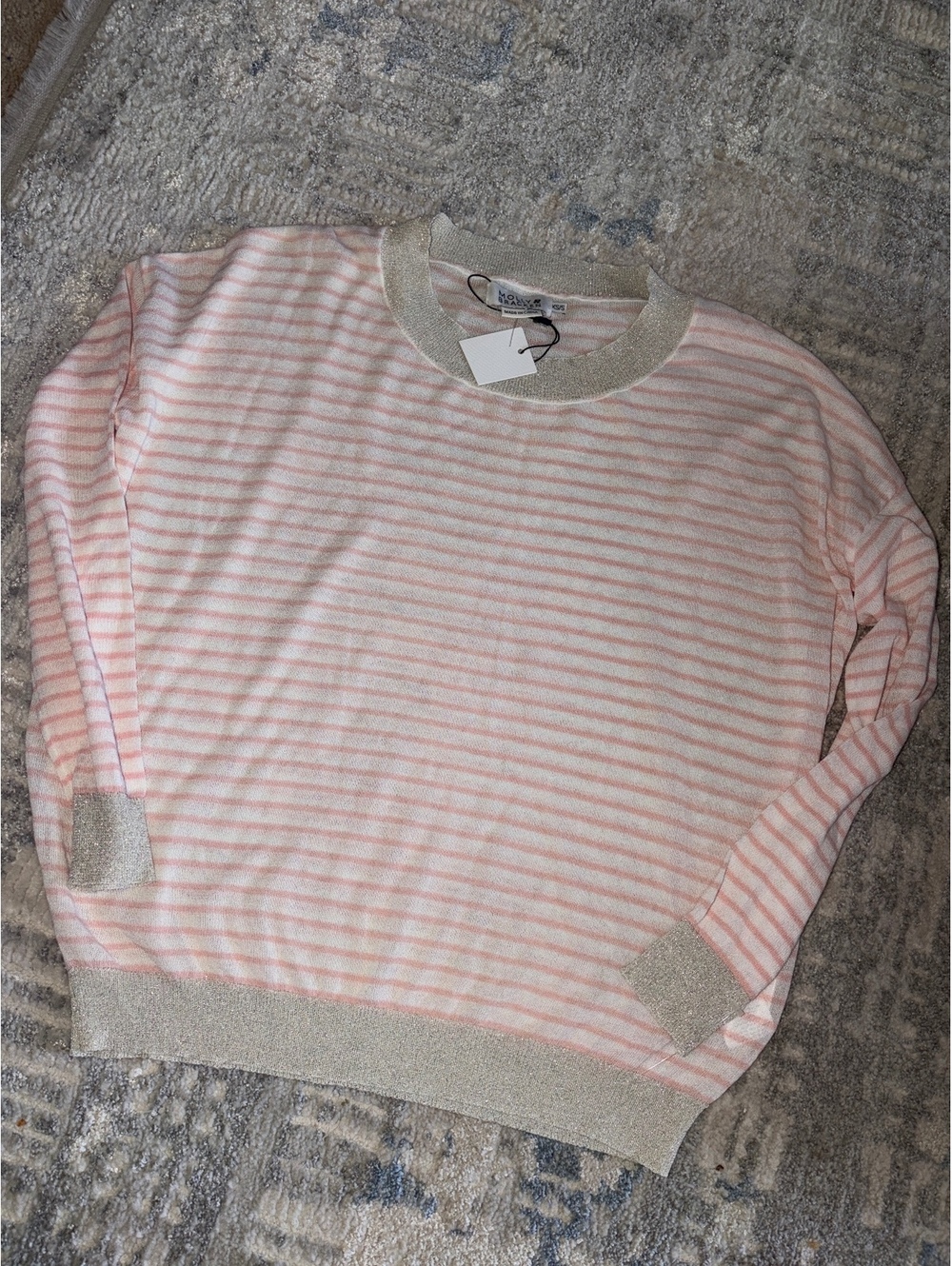 Molly Bracken Pink and White Striped Sweater with Metallic Trim XS